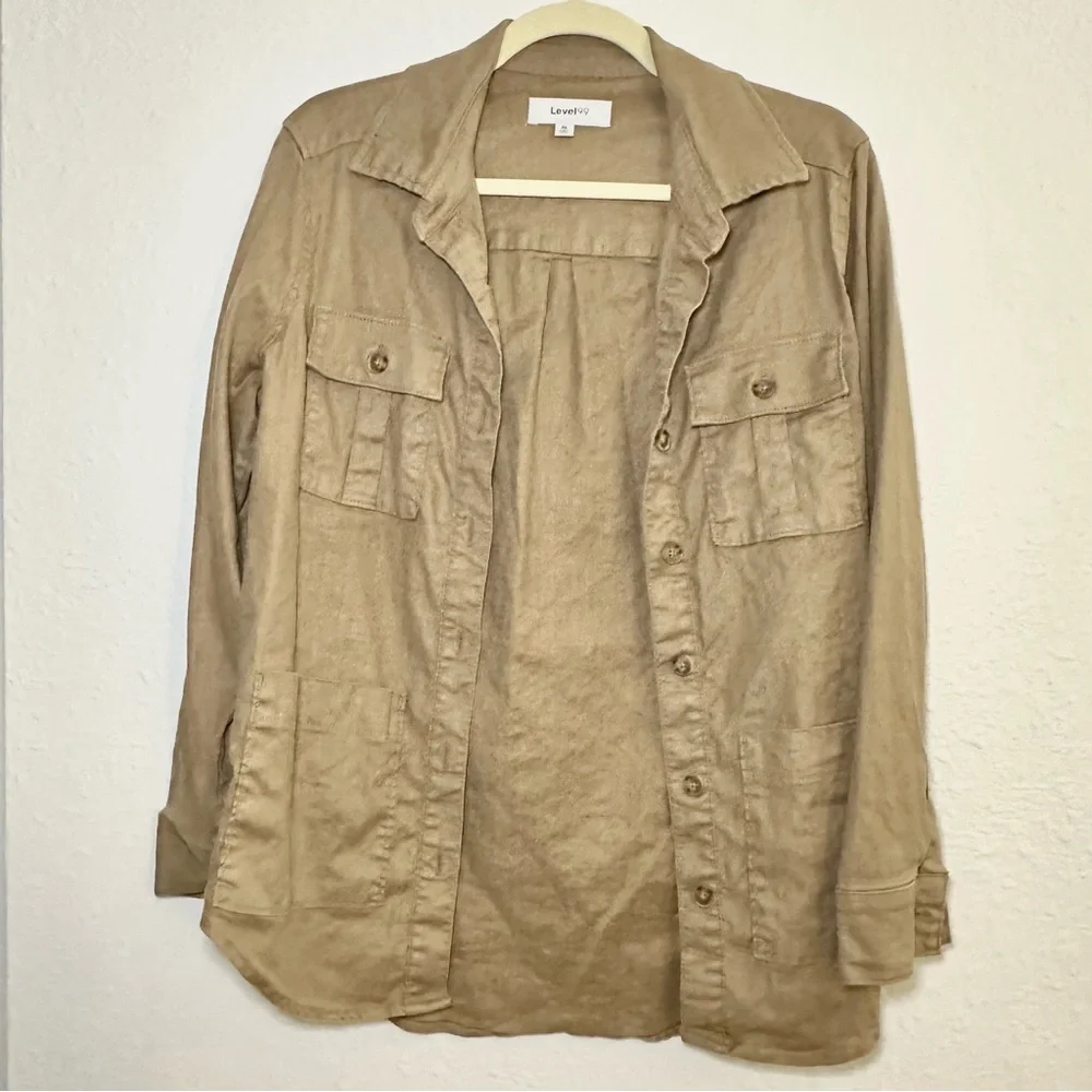 Level 99 Linen Blend Tan Button Down Utility Shirt - Picture 2 of 10